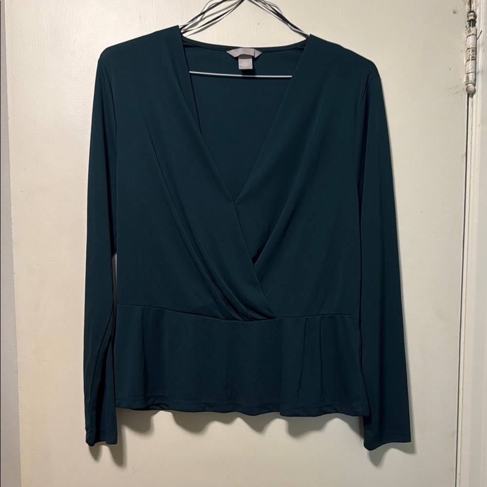 H&M Green Long Sleeve Wrap Peplum Blouse